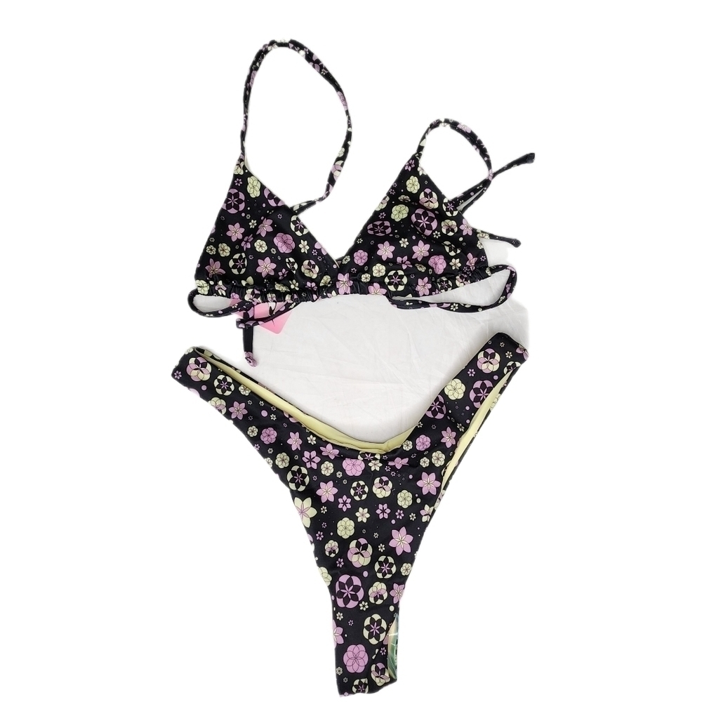 Oceanus NWT Floral Ditzy Triangle Mile High Cut Cheeky Bikini Black Sexy Large